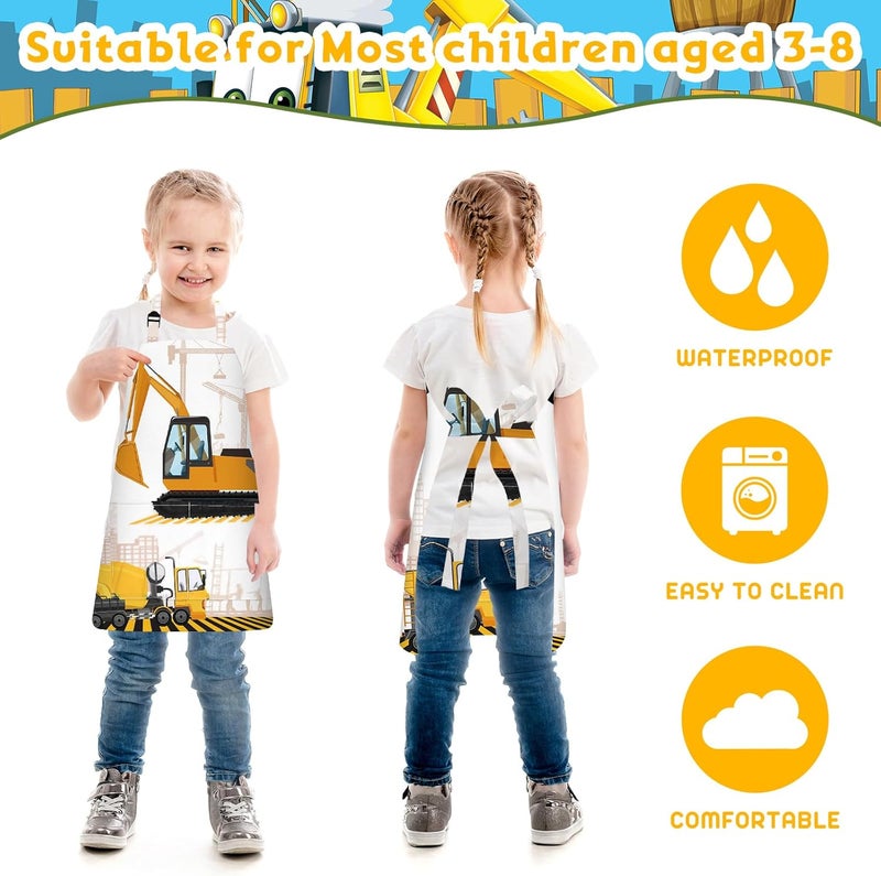 PLULON 4 Pcs Aprons with Pockets Painting Apron for Kids, Kids Apron Adjustable Strap Engineering Vehicles Bulldozer Excavator Truck Apron for Painting Cooking Baking Girls Boys, 3-8 Years - Image 4